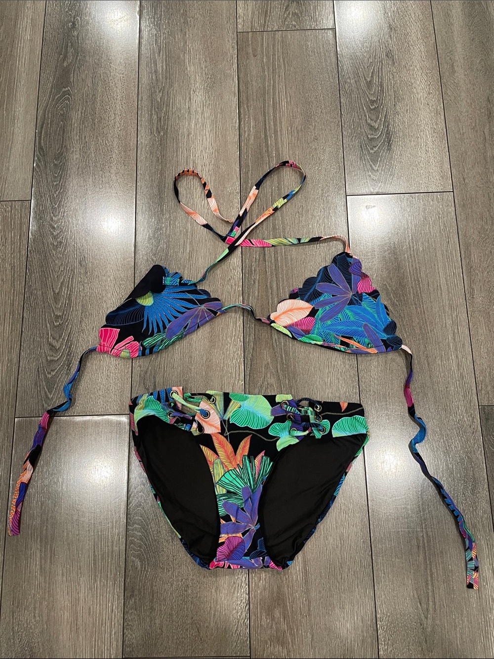 Pilyq Black Tropical Leaf Print Two-Piece Bikini with Multicolor Floral Accents